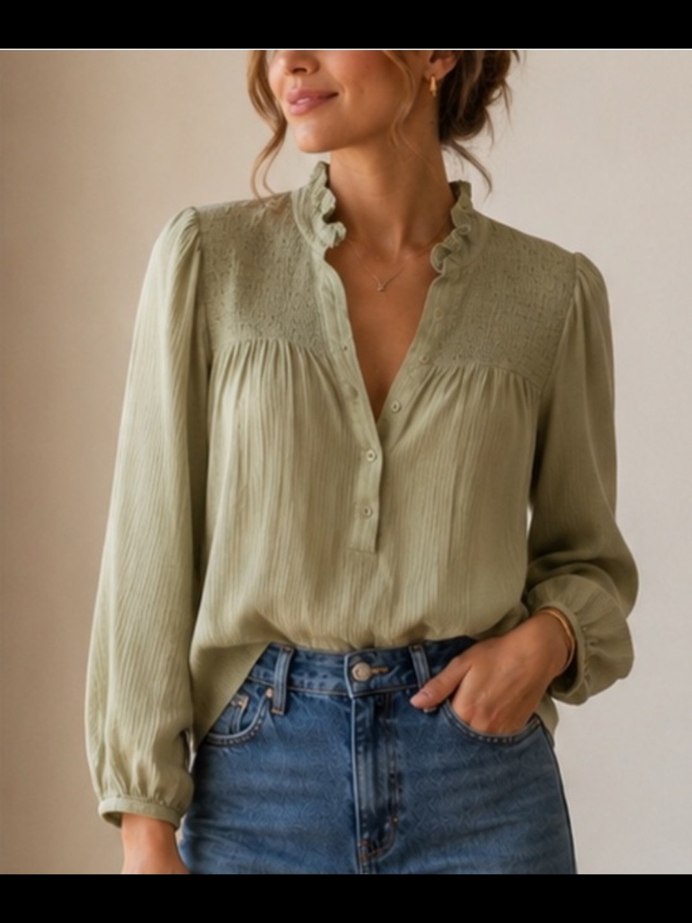 J. Crew Sage Green Ruffle-Neck Blouse